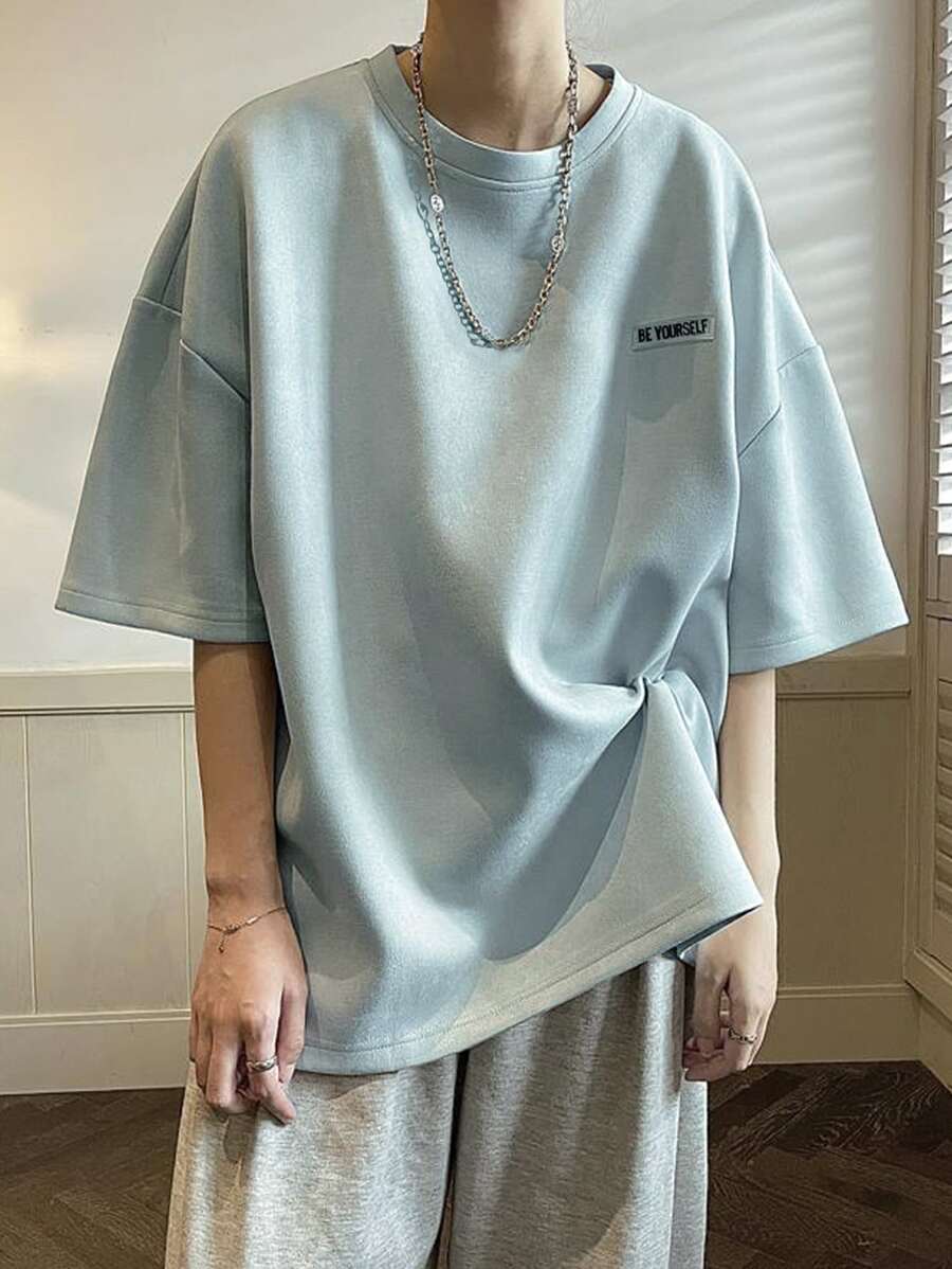 Manfinity Hypemode Men Slogan Patched Drop Shoulder Tee - Baby Blue - View 1