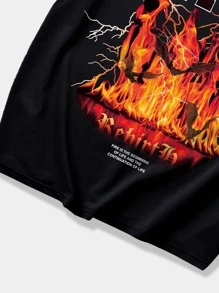 ROMWE MEN Grunge Punk 男士字母火圖案t恤 - 黑色 - 查看 3