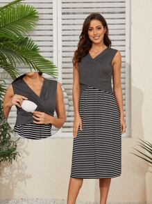 Maternity Striped Print Wrap Cross Nursing Dress