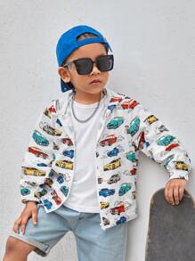 SHEIN Toddler Boys Car Print Hooded Jacket - Multicolor - View 1