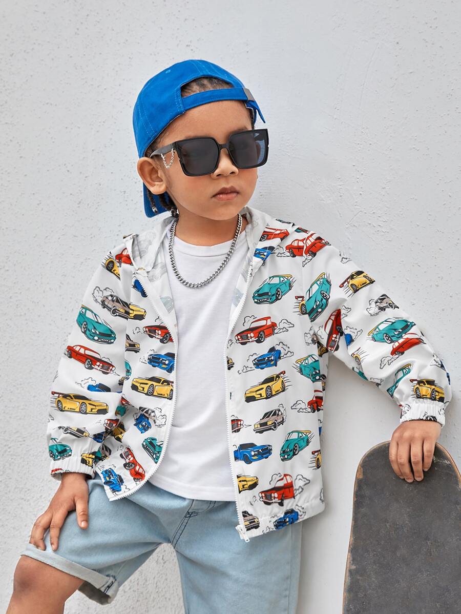SHEIN Toddler Boys Car Print Hooded Jacket - Multicolor - View 1