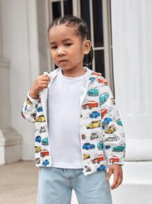 SHEIN Toddler Boys Car Print Hooded Jacket - Multicolor - View 3