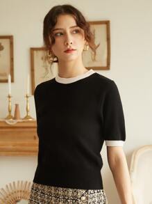 Knit Mix French Casual Knit Top, Short Sleeve Colorblock Crew Neck Pullover, Minimalist Retro Vintage Style, Fashionable For Spring/Summer, Back To School Season, Autumn Women Sweater Blouse - Black - View 1