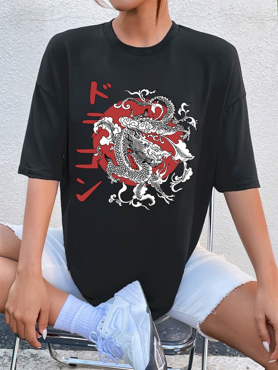 SHEIN Unity Dragon & Letter Graphic Drop Shoulder Tee - Black - View 1