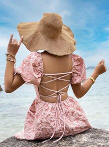 SHEIN VCAY 花卉圖案提花露背繫帶泡泡袖洋裝