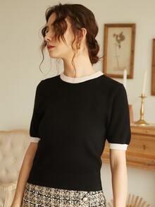 Knit Mix French Casual Knit Top, Short Sleeve Colorblock Crew Neck Pullover, Minimalist Retro Vintage Style, Fashionable For Spring/Summer, Back To School Season, Autumn Women Sweater Blouse - Black - View 3