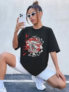 SHEIN Unity Dragon & Letter Graphic Drop Shoulder Tee - Black - View 3