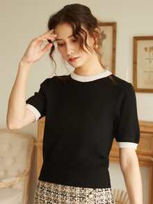 Knit Mix French Casual Knit Top, Short Sleeve Colorblock Crew Neck Pullover, Minimalist Retro Vintage Style, Fashionable For Spring/Summer, Back To School Season, Autumn Women Sweater Blouse - Black - View 4