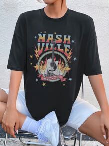 SHEIN Unity Letter & Guitar Graphic Black Round Neck Short Sleeve T-Shirt - Black - View 1