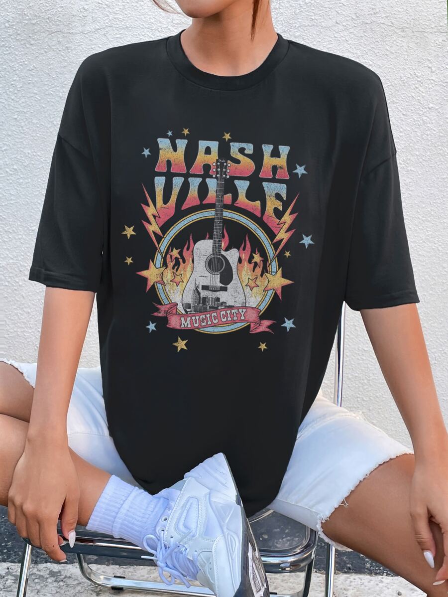 SHEIN Unity Letter & Guitar Graphic Black Round Neck Short Sleeve T-Shirt - Black - View 1