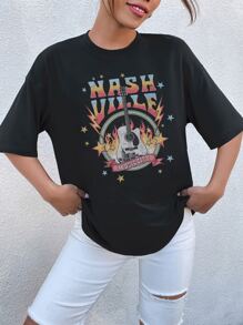 SHEIN Unity Letter & Guitar Graphic Black Round Neck Short Sleeve T-Shirt - Black - View 4