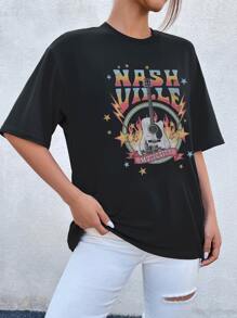 SHEIN Unity Letter & Guitar Graphic Black Round Neck Short Sleeve T-Shirt - Black - View 5