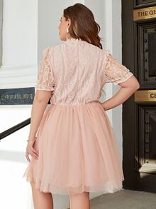 Simplee Đầm Plus Size Tương phản ren Dây kéo màu trơn Thanh lịch - Màu Hồng  San hô - Xem 2