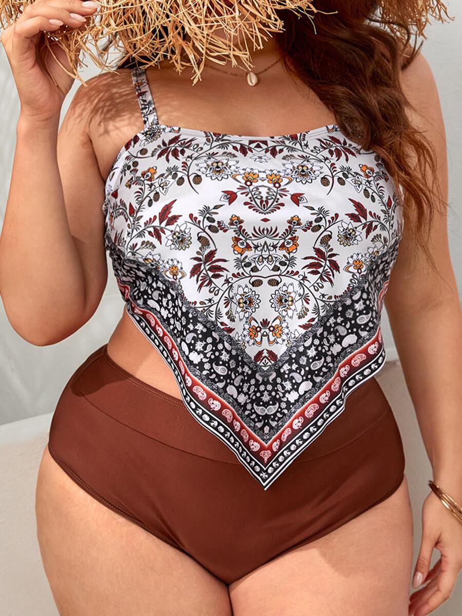 Hơn In hoa Bikini Ba Lỗ Bộ Viền khăn tay Áo top Không dây & Eo cao Đáy 2 mảnh Bộ đồ tắm - Nhiều màu - Xem 1