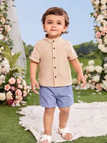 SHEIN Baby Boy Striped Print Slant Pocket Shorts - Blue and White - View 9