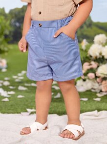SHEIN Baby Boy Striped Print Slant Pocket Shorts - Blue and White - View 8