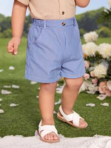 SHEIN Baby Boy Striped Print Slant Pocket Shorts - Blue and White - View 7