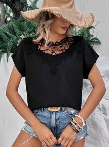 SHEIN Clasi Áo sơ mi nữ Tương phản ren màu trơn Giải trí - màu đen - Xem 6