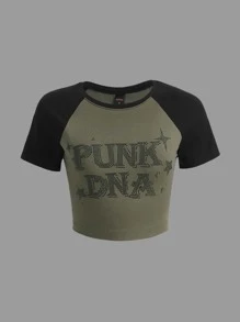 ROMWE PUNK Rhinestone Letter Pattern Raglan Sleeve Crop Tee - Army Green - View 1