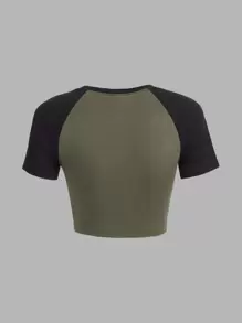 ROMWE PUNK Rhinestone Letter Pattern Raglan Sleeve Crop Tee - Army Green - View 2