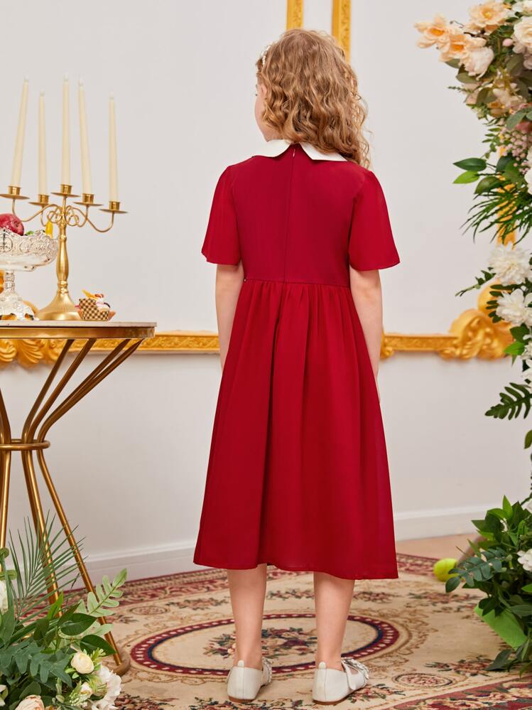 SHEIN Girls Contrast Collar Button Front Peter Pan Collar Dress - Burgundy - View 2