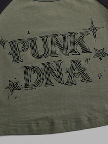 ROMWE PUNK Rhinestone Letter Pattern Raglan Sleeve Crop Tee - Army Green - View 3