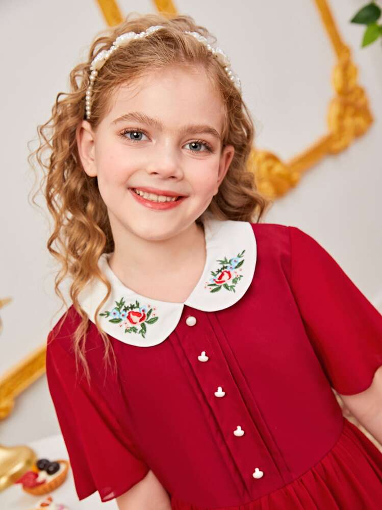 SHEIN Girls Contrast Collar Button Front Peter Pan Collar Dress - Burgundy - View 3
