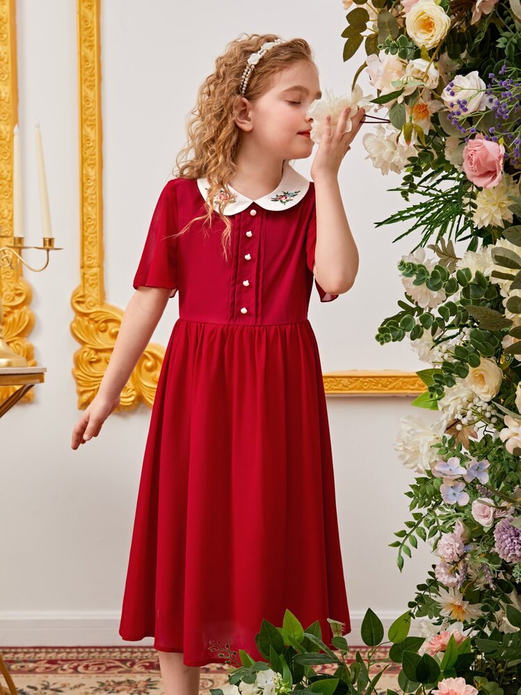 SHEIN Girls Contrast Collar Button Front Peter Pan Collar Dress - Burgundy - View 5