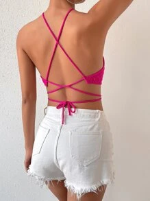 Zolique Áo dệt kim nữ Lộ Lưng Hội Chữ thập Buộc lại màu trơn Gợi cảm - Màu Hồng Tươi - Xem 2