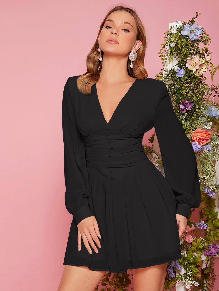 SHEIN Frenchy Vestido de cuello profundo de manga farol con fruncido - Negro - Ver 1