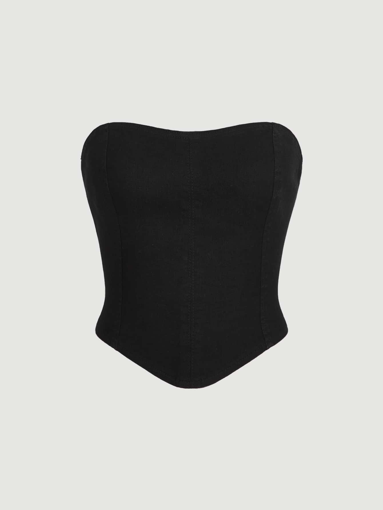 SHEIN MOD Solid Bandeau Denim Top - Black - View 1
