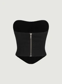 SHEIN MOD Solid Bandeau Denim Top - Black - View 2