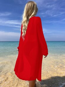 Ring Linked Summer Beach Bikini Set With Kimono - Red - View 4