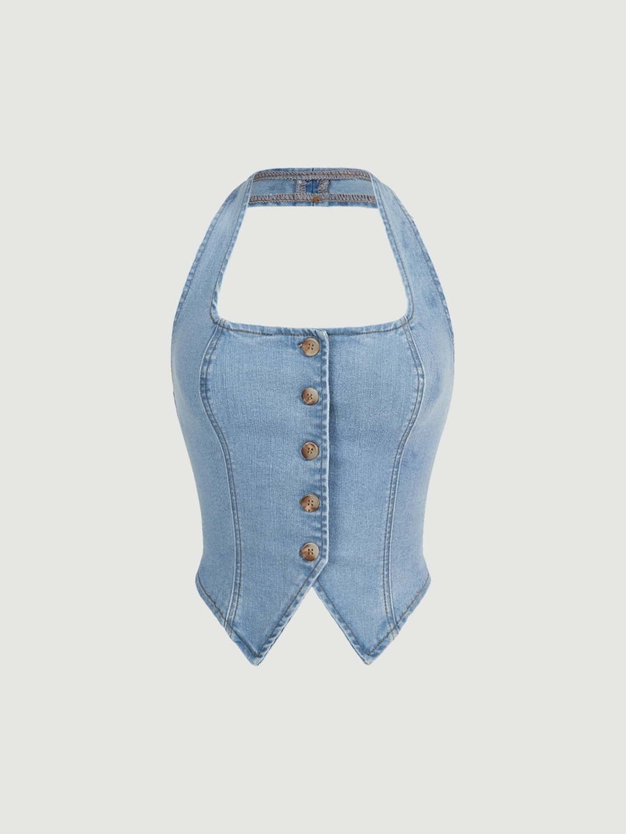 SHEIN MOD Button Front Halter Neck Denim Top - Light Wash - View 1