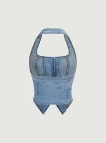 SHEIN MOD Button Front Halter Neck Denim Top - Light Wash - View 2