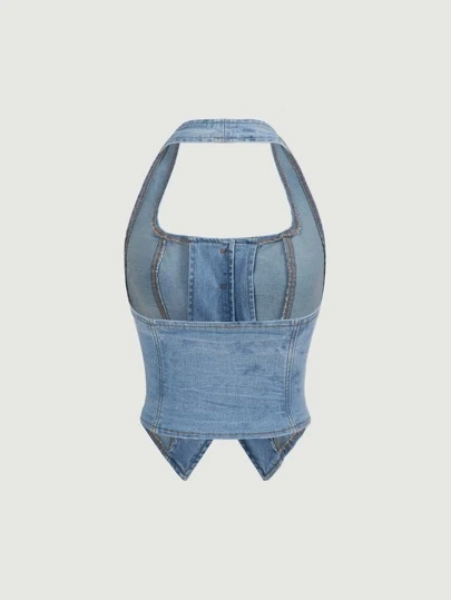 SHEIN MOD Button Front Halter Neck Denim Top
