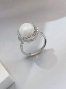 1pc Cubic Zirconia & Faux Pearl Decor Ring Copper Jewelry - Silver - View 1