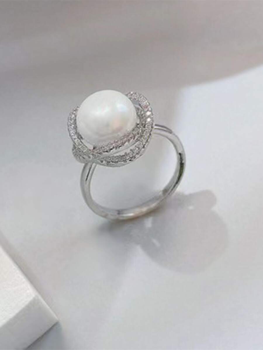 1pc Cubic Zirconia & Faux Pearl Decor Ring Copper Jewelry - Silver - View 1