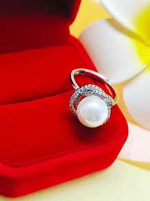 1pc Cubic Zirconia & Faux Pearl Decor Ring Copper Jewelry - Silver - View 3