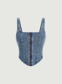 SHEIN MOD Áo khoác denim nữ Bất đối xứng Dây kéo màu trơn Giải trí - Rửa trung bình - Xem 1