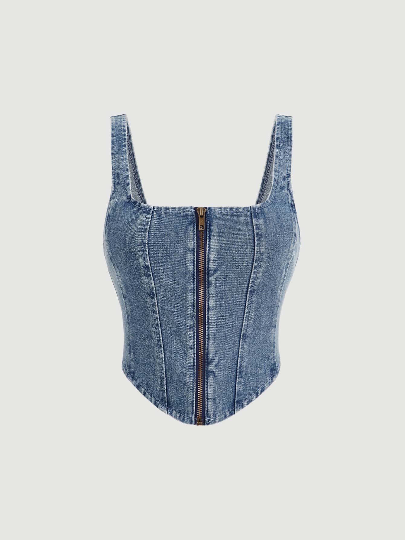 SHEIN MOD Áo khoác denim nữ Bất đối xứng Dây kéo màu trơn Giải trí - Rửa trung bình - Xem 1