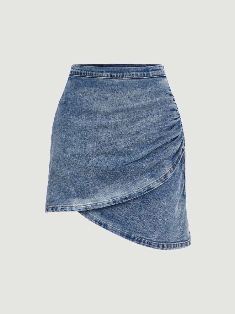 SHEIN MOD Ruched Wrap Denim Skirt - Light Wash - View 1