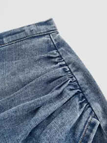 SHEIN MOD Ruched Wrap Denim Skirt - Light Wash - View 3