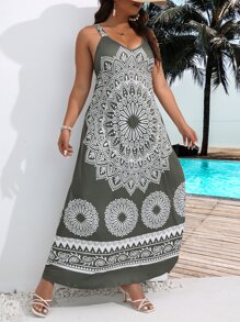 SHEIN Holidaya Plus Mandala In Cami Dress Maxi Trang Phục Phụ Nữ - màu xanh lá - Xem 6