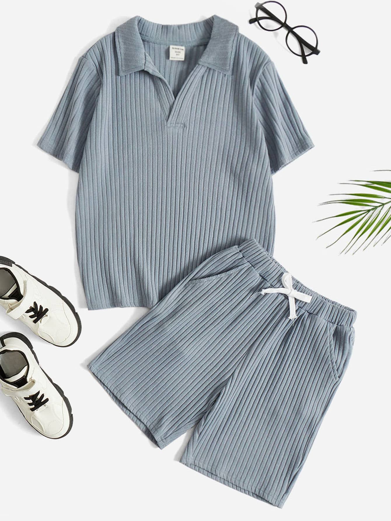 SHEIN 男孩條紋針織T恤和腰部抽繩短褲 - 霧霾藍 - 查看 1