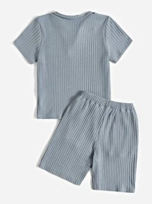 SHEIN 男孩條紋針織T恤和腰部抽繩短褲 - 霧霾藍 - 查看 2