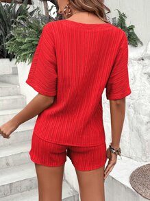 Breezaya Bộ đồ hai mảnh nữ Thắt nút màu trơn Giải trí - Đỏ - Xem 2