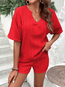 Breezaya Bộ đồ hai mảnh nữ Thắt nút màu trơn Giải trí - Đỏ - Xem 6