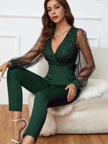 SHEIN Privé Mono con lentejuela en contraste de malla de manga farol - Verde Oscuro - Ver 5
