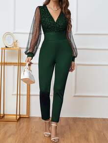 SHEIN Privé Mono con lentejuela en contraste de malla de manga farol - Verde Oscuro - Ver 6